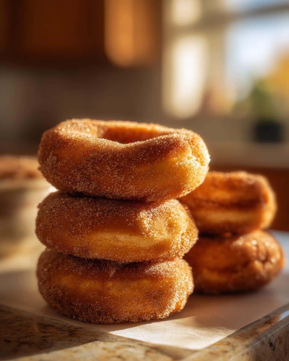 Amazing Apple Cider Donuts: 3 Secrets 7 A close-up stack of freshly made Apple Cider Donuts, coated in cinnamon sugar.