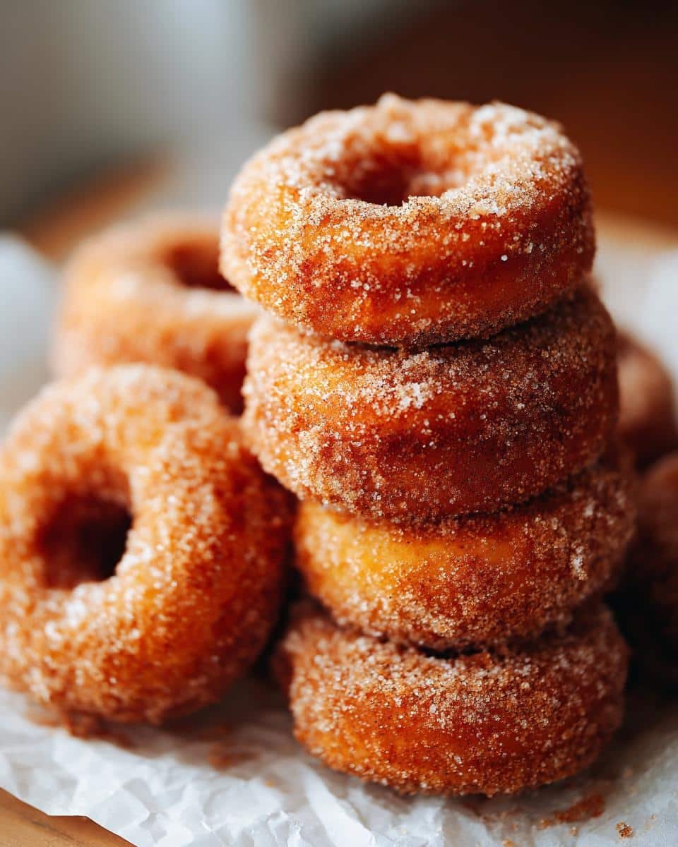Amazing Apple Cider Donuts: 3 Secrets 9 A close-up stack of freshly made Apple Cider Donuts, coated in cinnamon sugar.