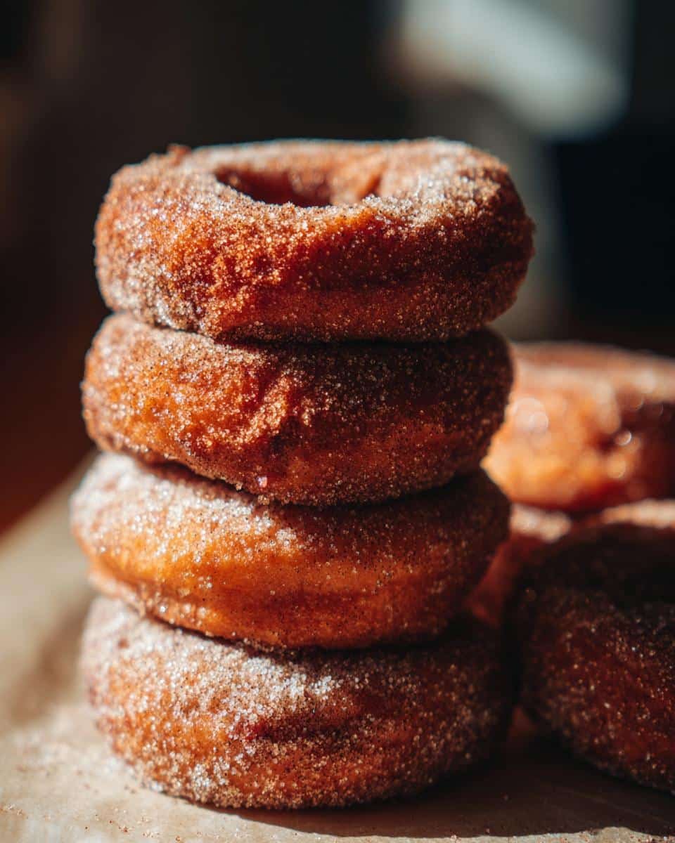 Amazing Apple Cider Donuts: 3 Secrets 8 A close-up stack of four cinnamon-sugar coated apple cider donuts, with more donuts blurred in the background.