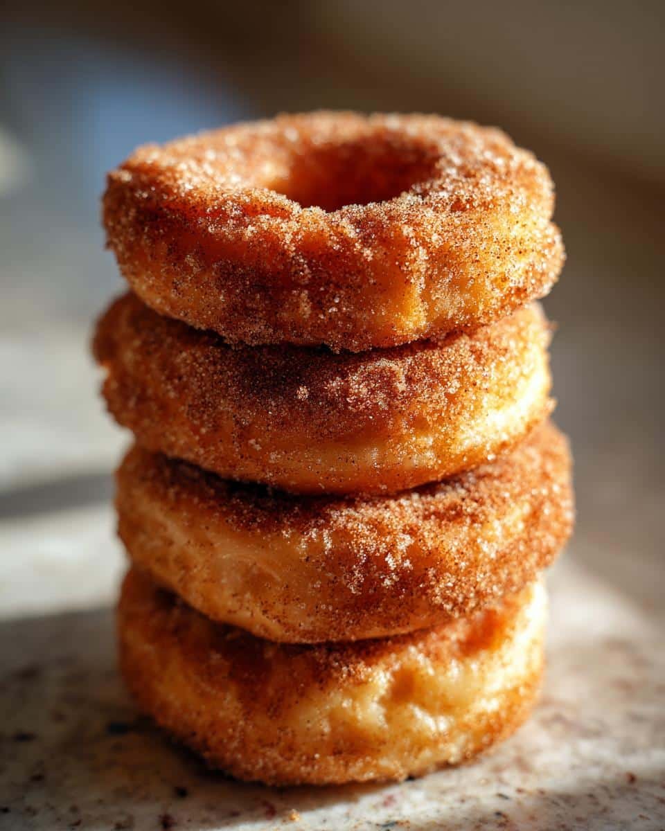Amazing Apple Cider Donuts: 3 Secrets 6 A close-up stack of four freshly made Apple Cider Donuts, coated in cinnamon sugar.