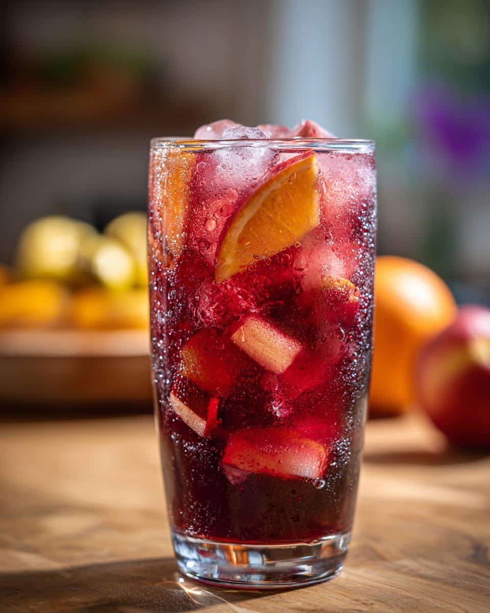 A tall glass of Apple Cider Sangria filled with ice, fruit chunks, and orange slices.