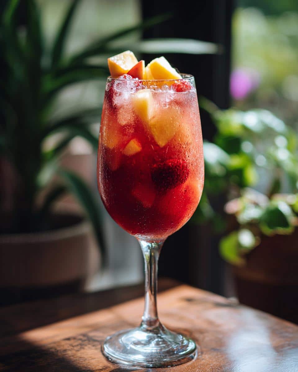A tall glass filled with red Apple Cider Sangria, ice, and chunks of fruit like apples and berries.