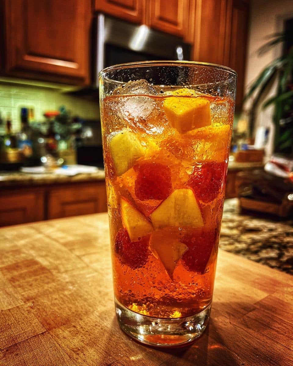 A tall glass filled with Apple Cider Sangria, ice, strawberries, and apple slices, set on a wooden surface.
