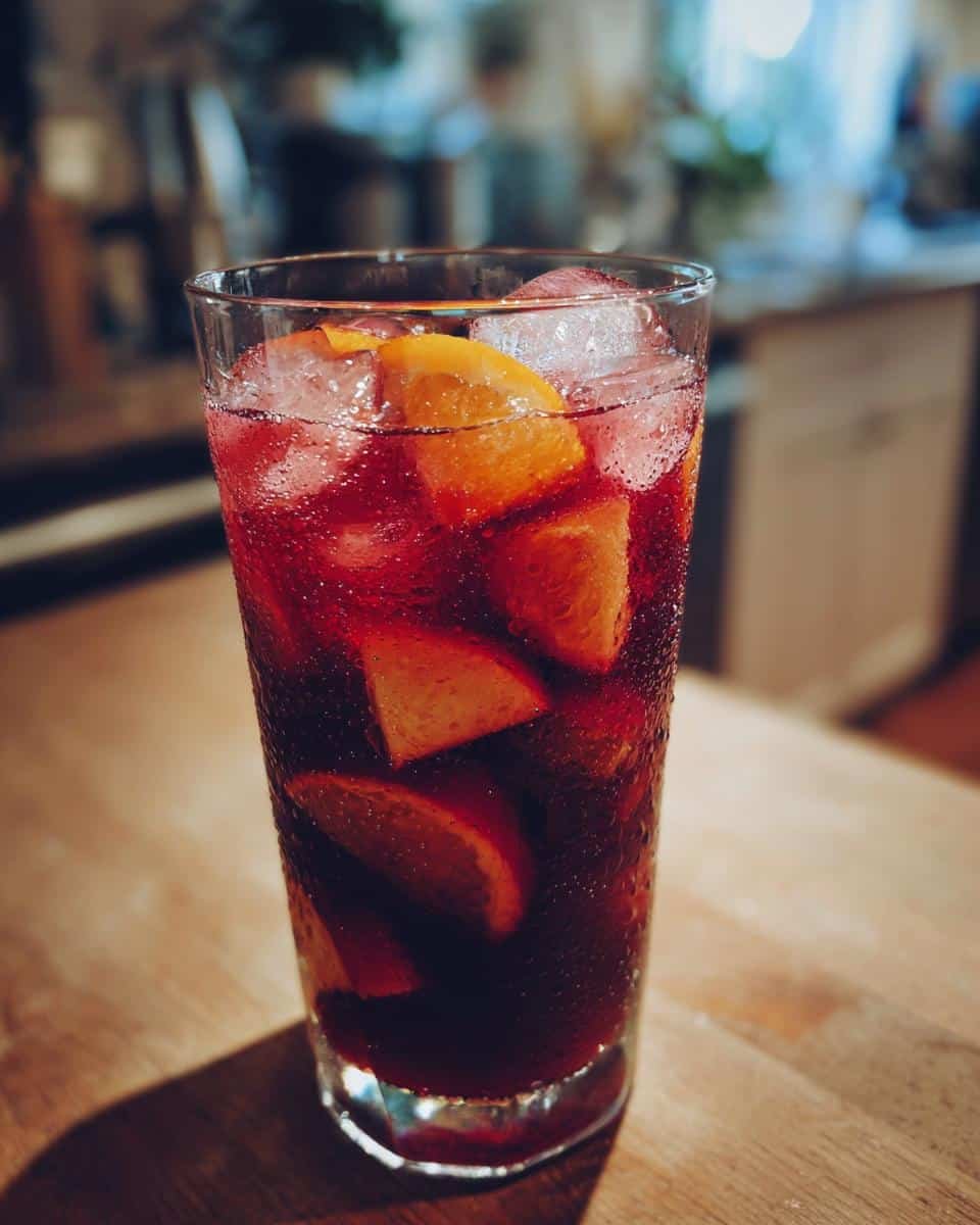 A tall glass filled with Apple Cider Sangria, ice cubes, and orange slices, glistening with condensation.