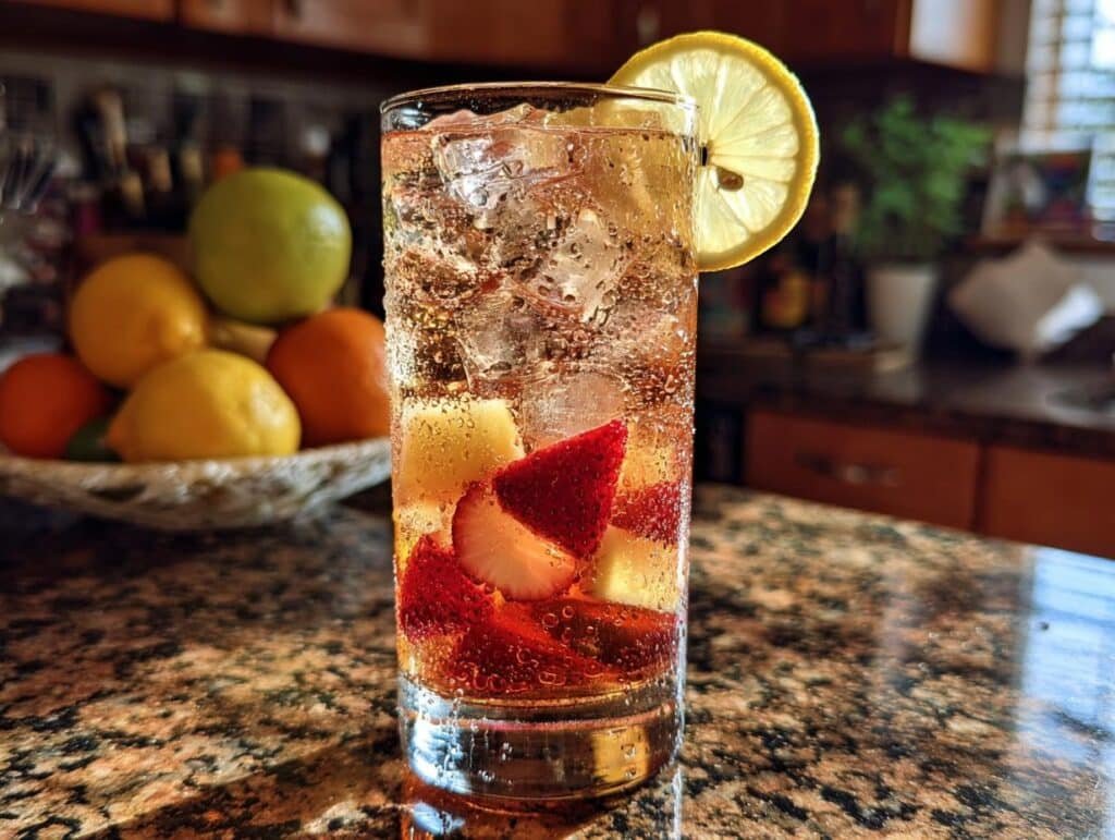 A tall glass filled with ice, strawberries, and lemon slices, topped with a bubbly drink, representing Apple Cider Sangria.
