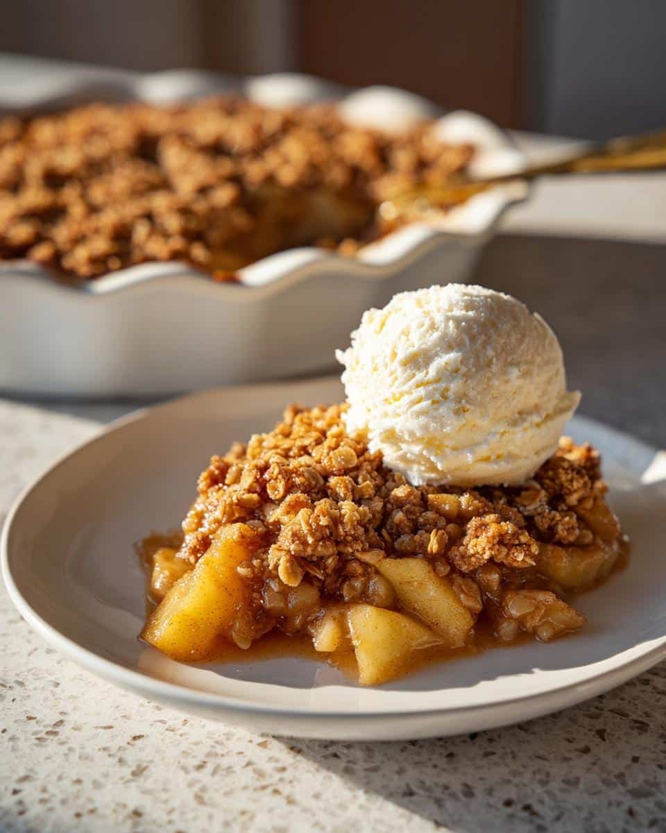 A warm slice of Apple Crisp topped with a scoop of vanilla ice cream, served on a white plate.