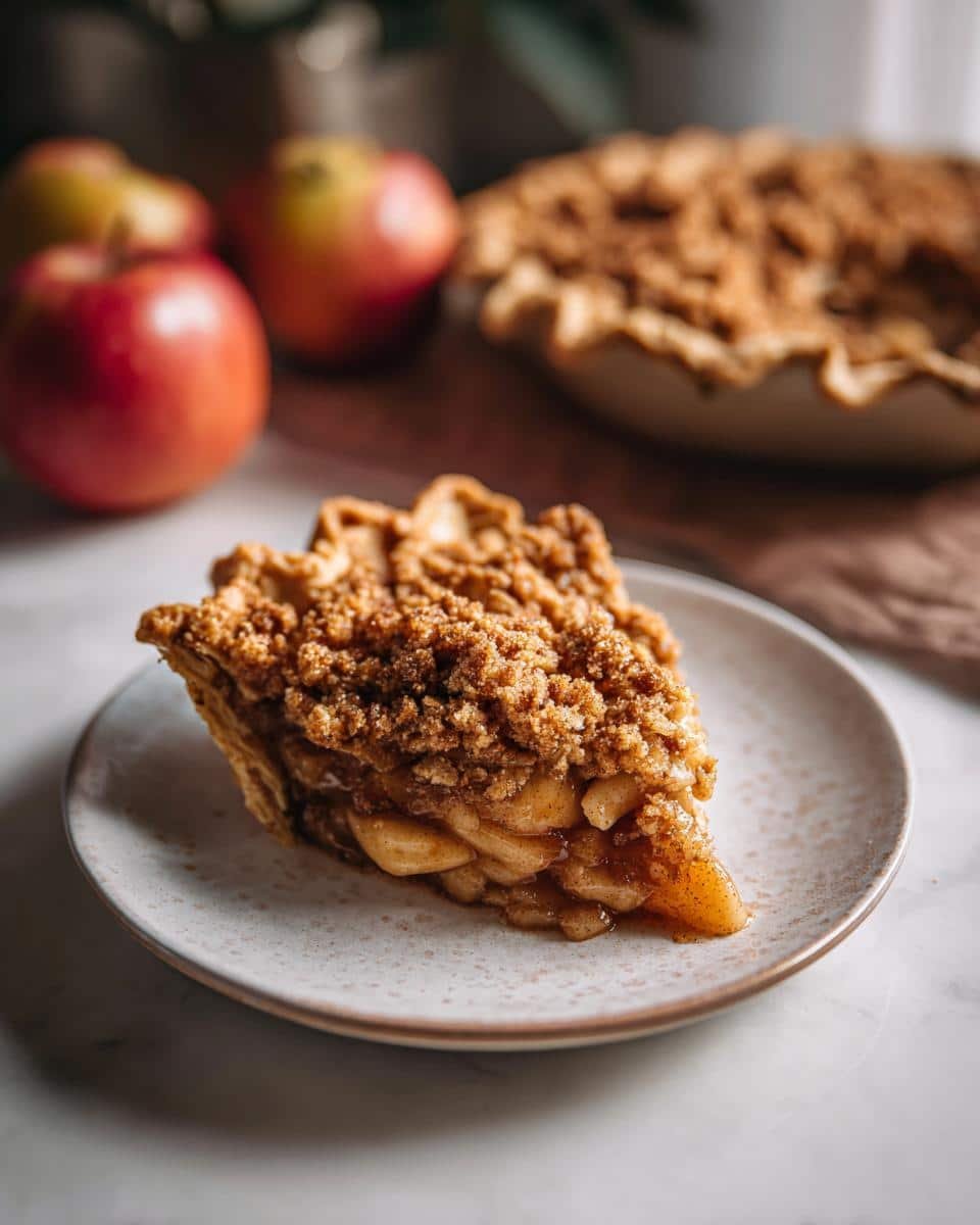 A close-up of a slice of Apple Crisp on a plate, showing tender apples and a crumbly topping. Fresh apples are in the background.