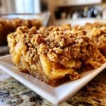 A close-up of a warm slice of Apple Crisp on a white plate, showcasing tender apples and a crumbly oat topping.