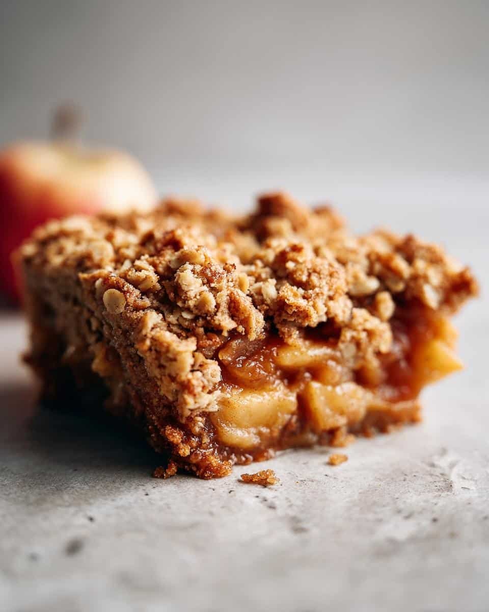 A close-up of a moist slice of Apple Crisp, showcasing tender apple filling and a crunchy oat crumble topping.