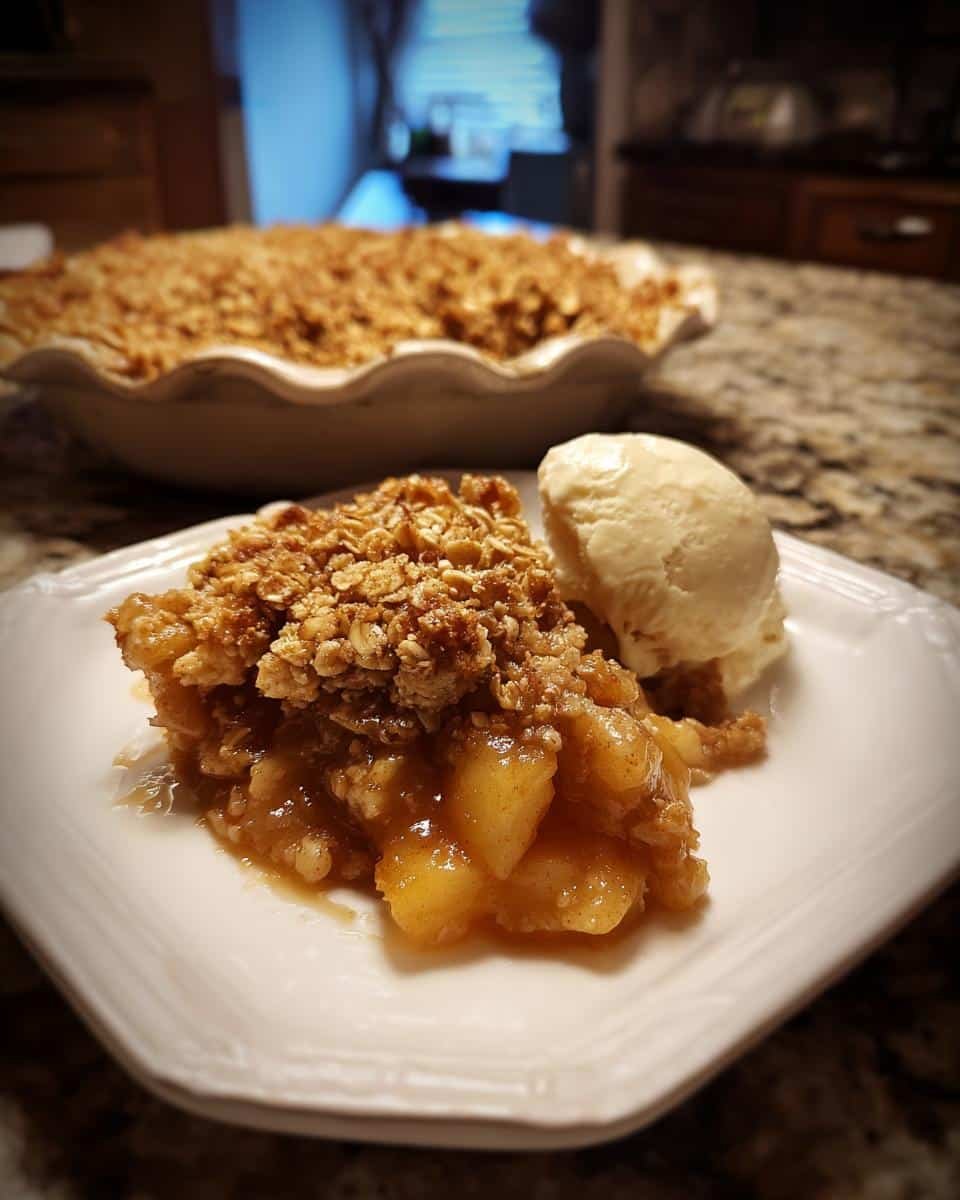 A warm slice of Apple Crisp served with a scoop of vanilla ice cream on a white plate.