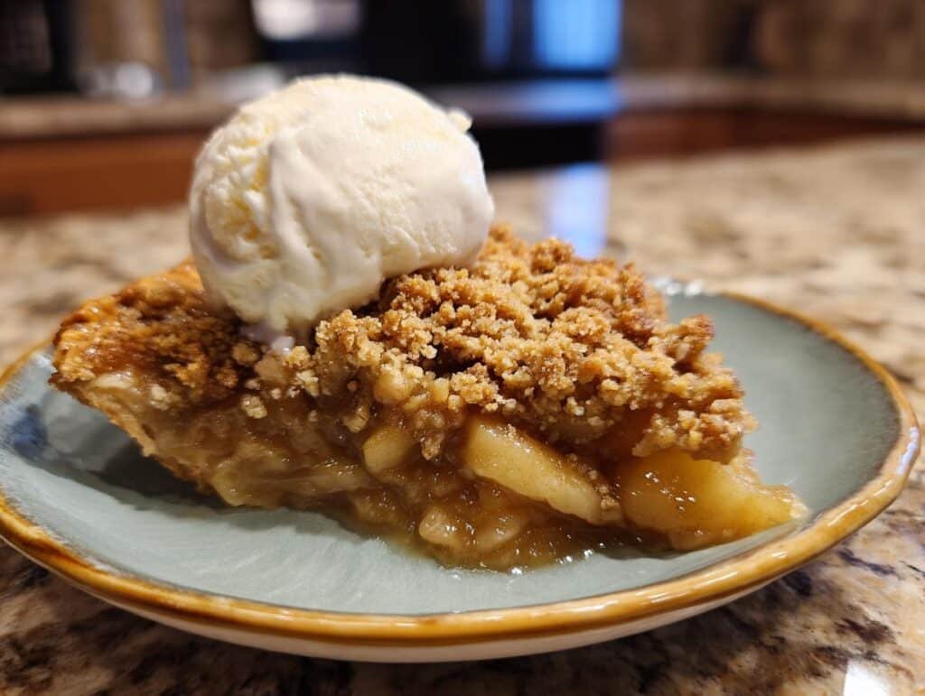 A close-up of a slice of Apple Crisp on a plate, topped with a scoop of vanilla ice cream.