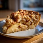 A close-up view of a slice of Apple Crumble Pie, showcasing the tender apple filling and golden-brown crumble topping.