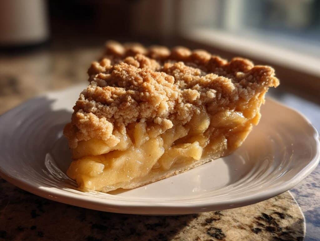 A delicious slice of perfect apple crumble pie on a white plate, showcasing a golden crumble topping and tender apple filling.