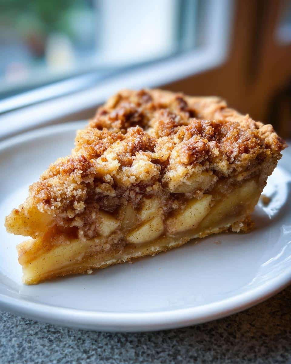 A close-up of a delicious slice of Apple Crumble Pie on a white plate, showing the flaky crust and apple filling.