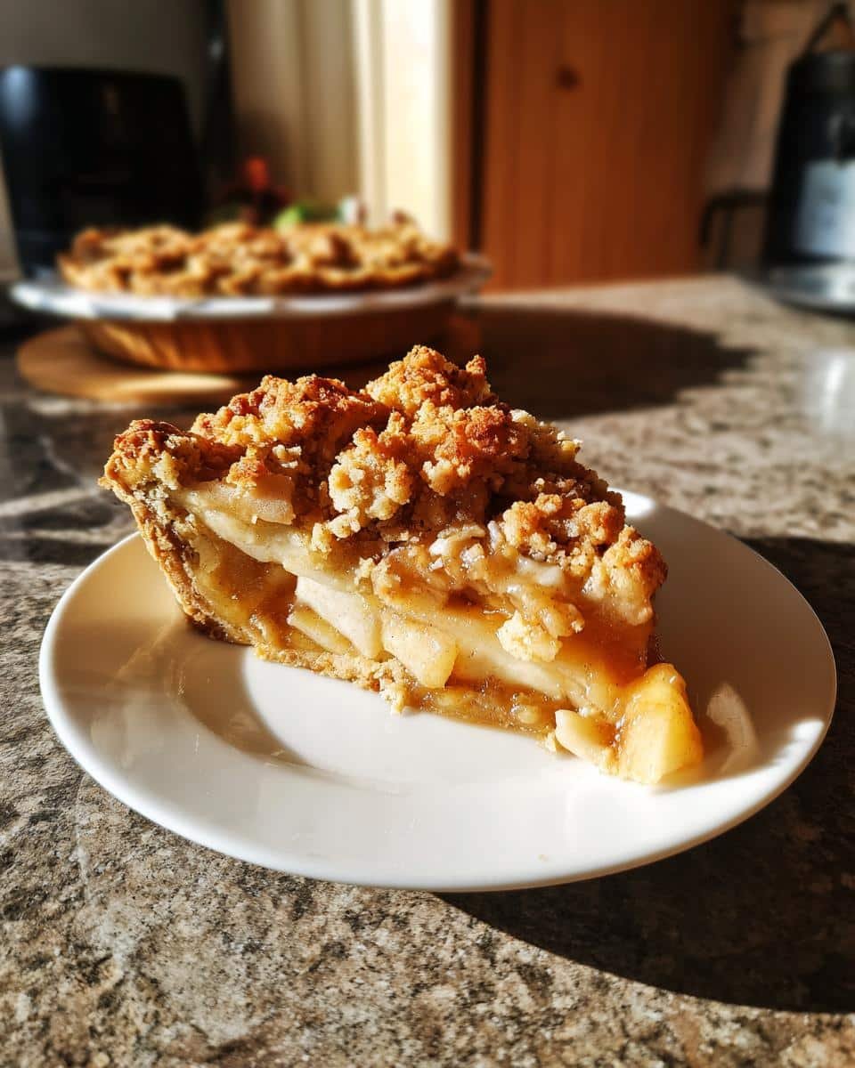 A delicious slice of perfect apple crumble pie with a golden crust and crumb topping.