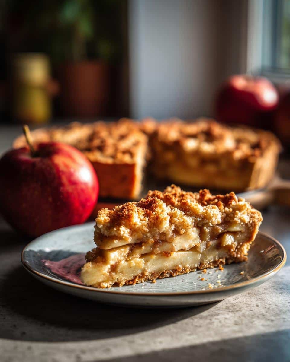 A close-up of a generous slice of Perfect Apple Crumble Pie, showcasing layers of tender apples and a golden crumble topping.