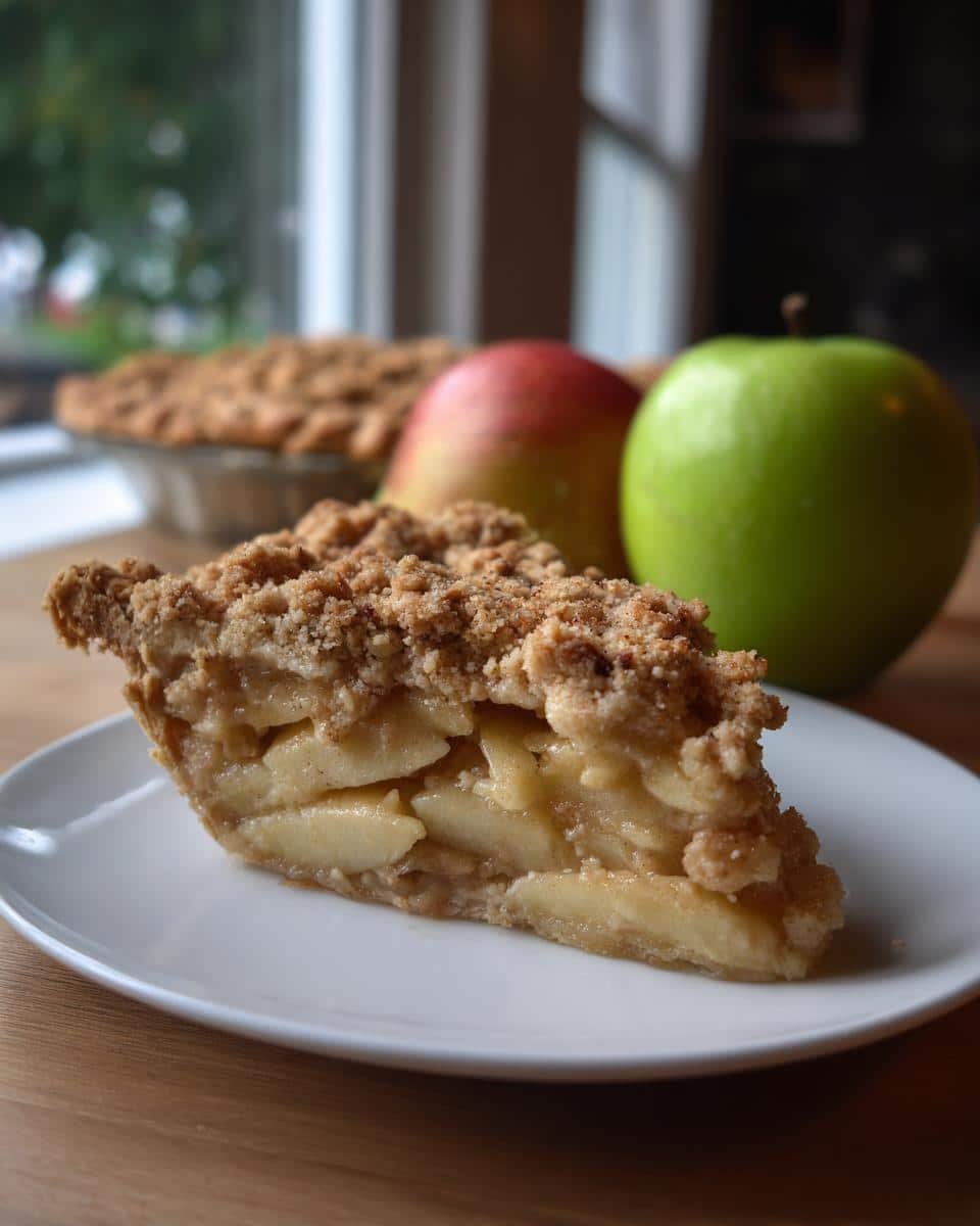 A generous slice of Perfect Apple Crumble Pie on a white plate, showcasing tender apple filling and a crumbly topping.