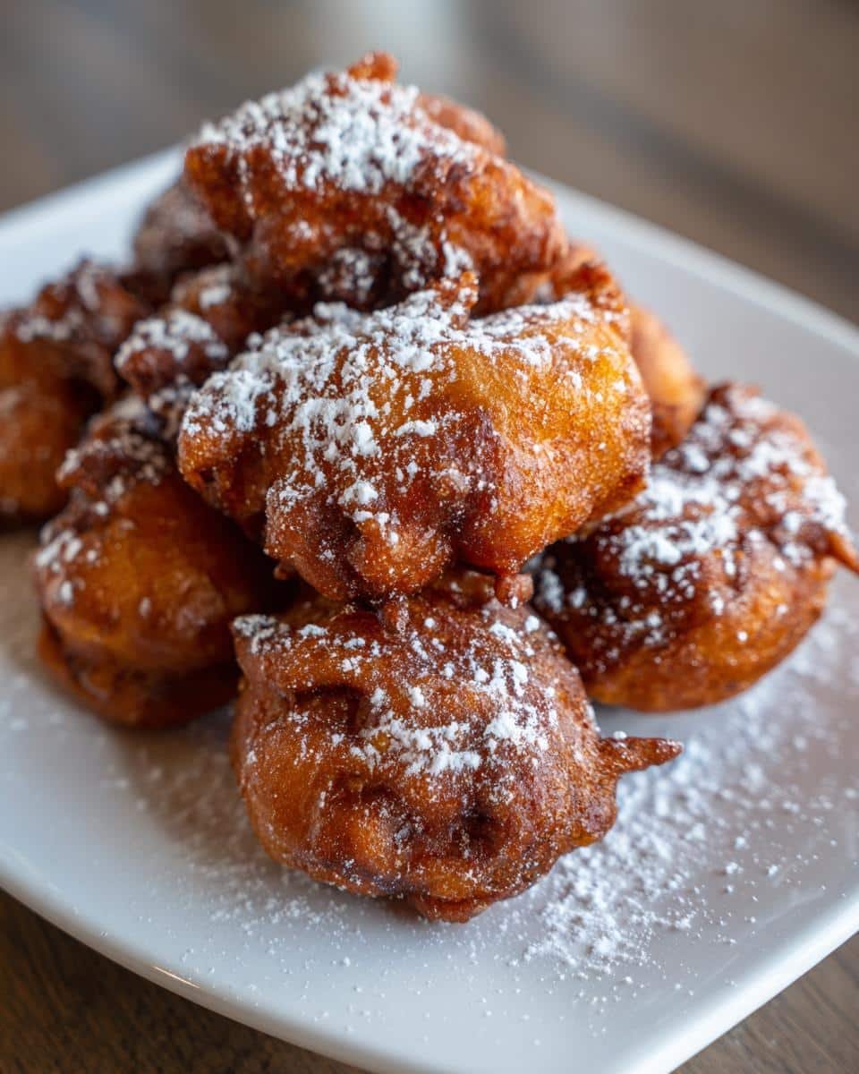 A close-up of a pile of golden-brown apple fritters, generously dusted with powdered sugar, on a white plate.