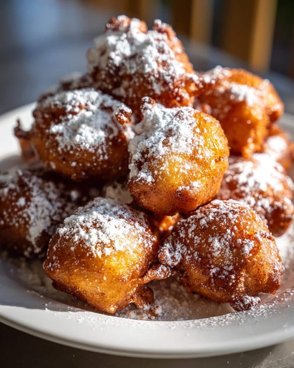 A close-up of a pile of golden brown apple fritters generously dusted with powdered sugar on a white plate.