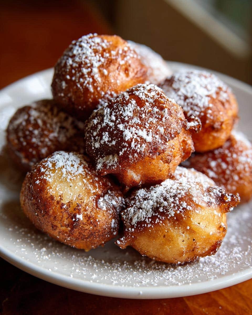 A close-up of a pile of golden-brown, fluffy apple fritters generously dusted with powdered sugar.