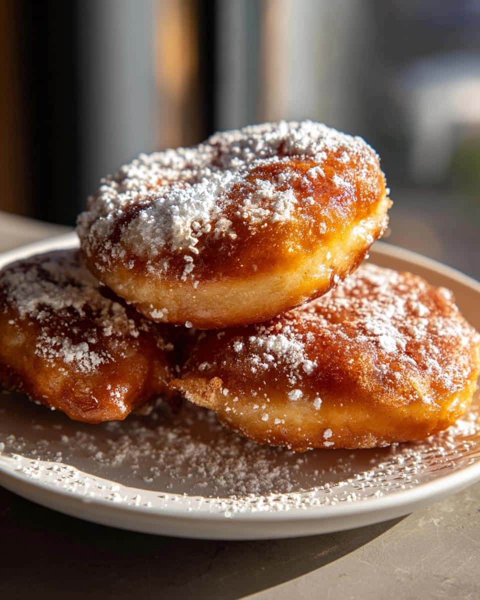 A stack of three golden-brown apple fritters generously dusted with powdered sugar on a white plate.