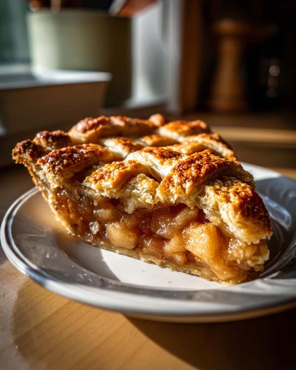 Amazing Apple Pie with Lattice Crust 6 A close-up of a delicious slice of Apple Pie with Lattice Crust, showcasing the golden-brown pastry and tender apple filling.