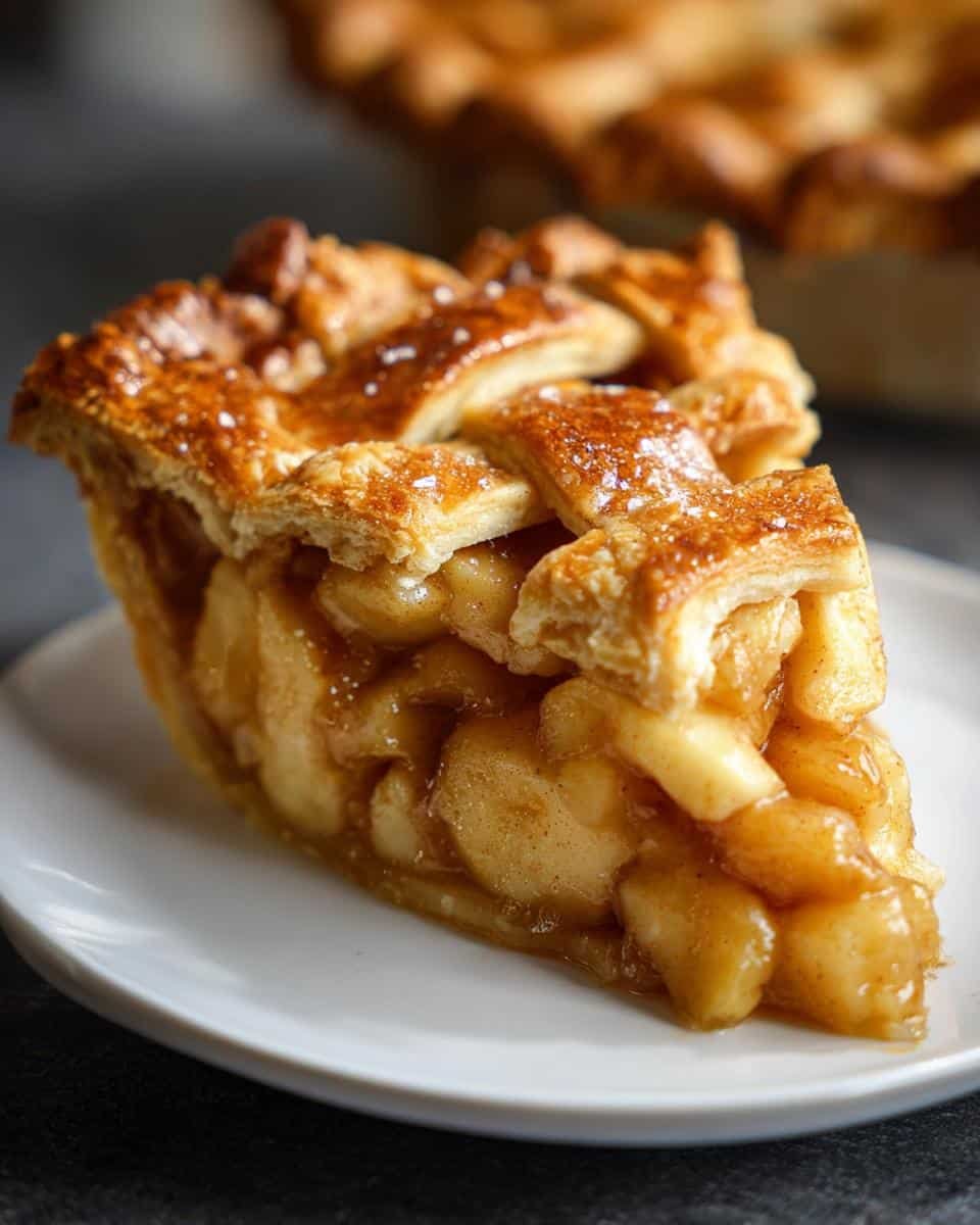 Amazing Apple Pie with Lattice Crust 7 A close-up of a slice of homemade Apple Pie with Lattice Crust, showcasing tender apples and a golden-brown crust.