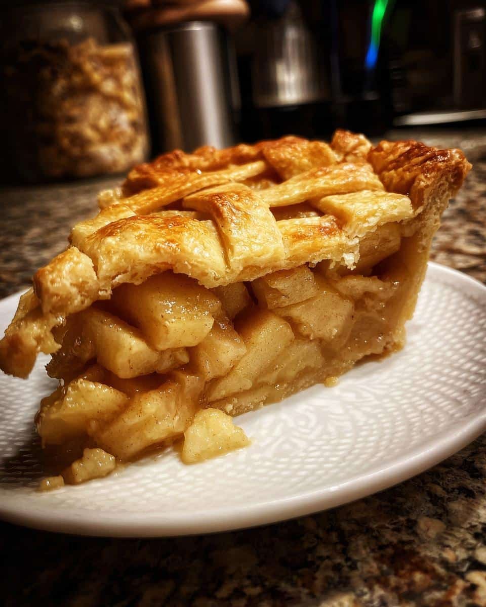 Amazing Apple Pie with Lattice Crust 8 A generous slice of delicious Apple Pie with Lattice Crust, showcasing tender apple filling and golden-brown pastry.