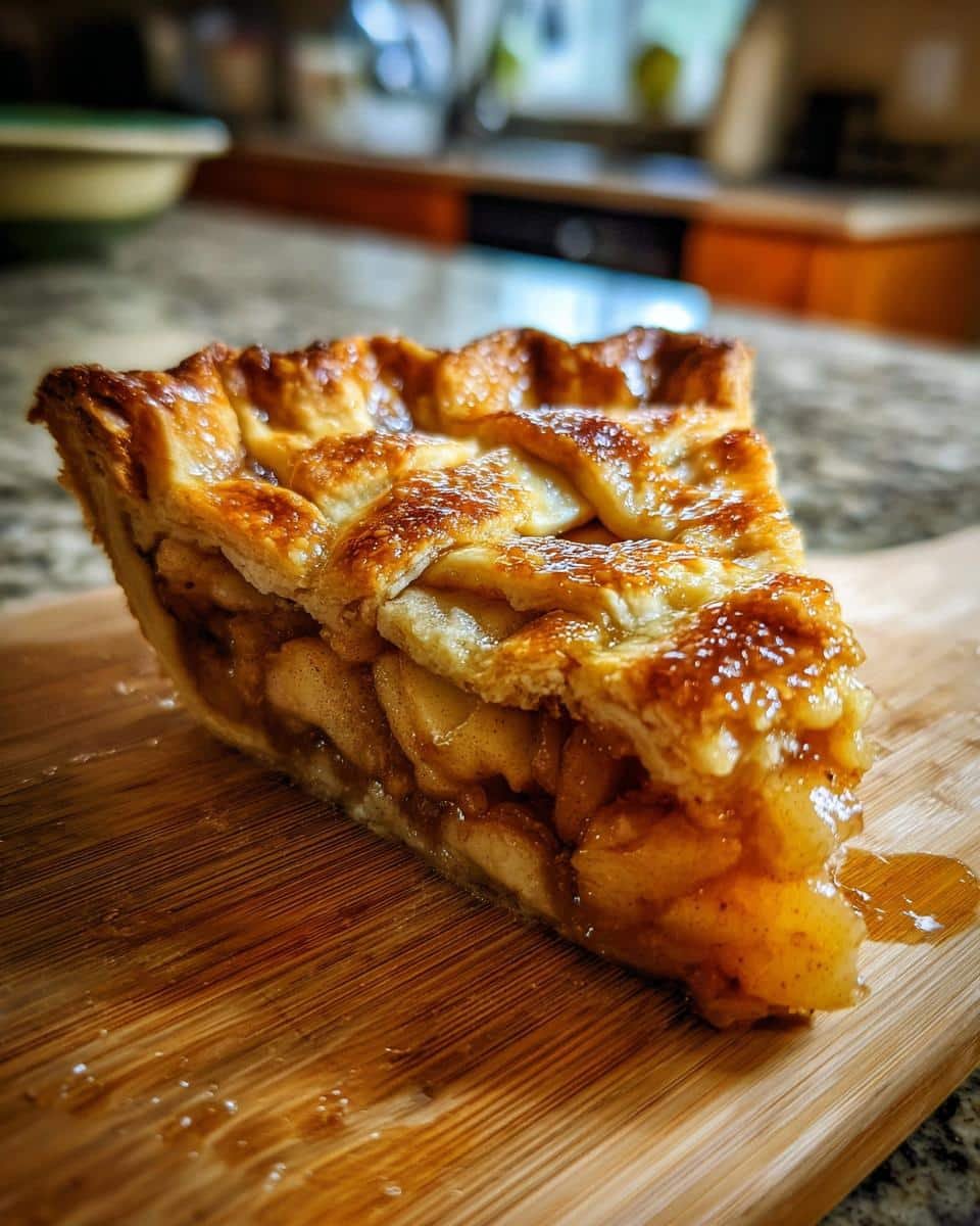 Amazing Apple Pie with Lattice Crust 9 A delicious slice of Apple Pie with Lattice Crust on a wooden cutting board, showing the flaky crust and apple filling.