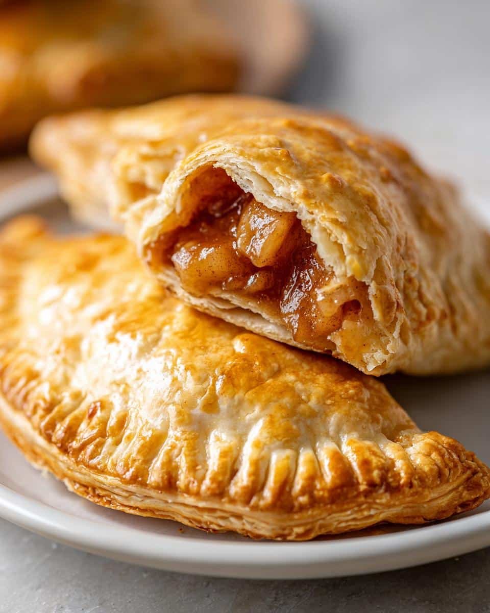 Close-up of two golden brown apple turnovers on a white plate, one split open revealing a warm, spiced apple filling.