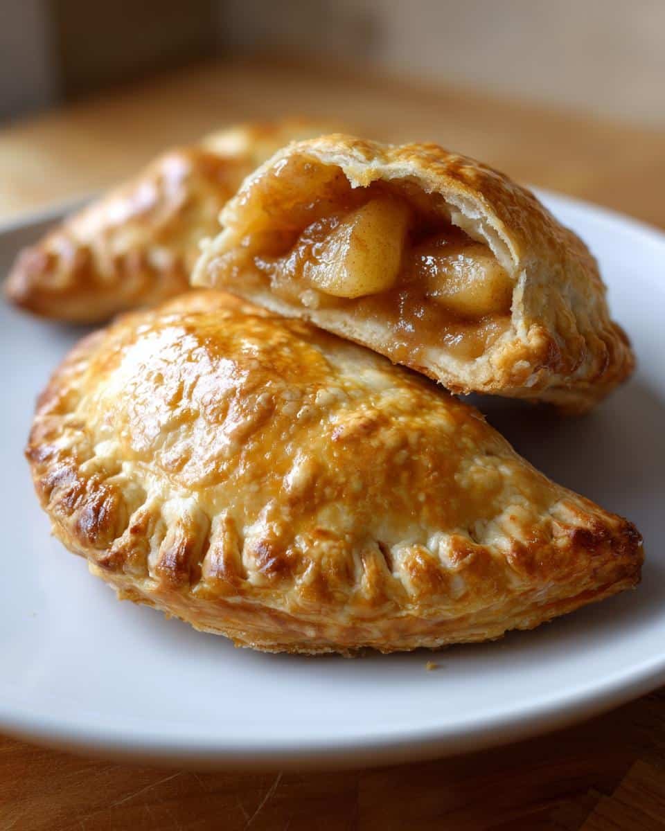 Close-up of two golden-brown Apple Turnovers on a white plate, one split open revealing a warm apple filling.
