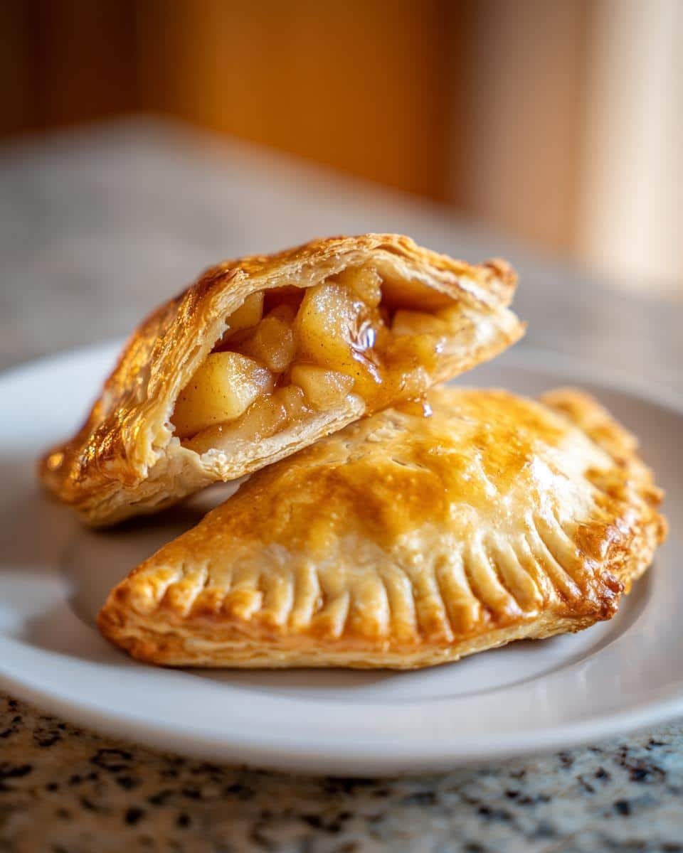 Close-up of two golden brown apple turnovers on a white plate, one split open revealing spiced apple filling.