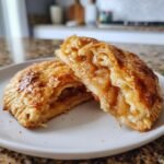 Close-up of two halves of a golden-brown apple turnover, revealing a sweet, spiced apple filling.