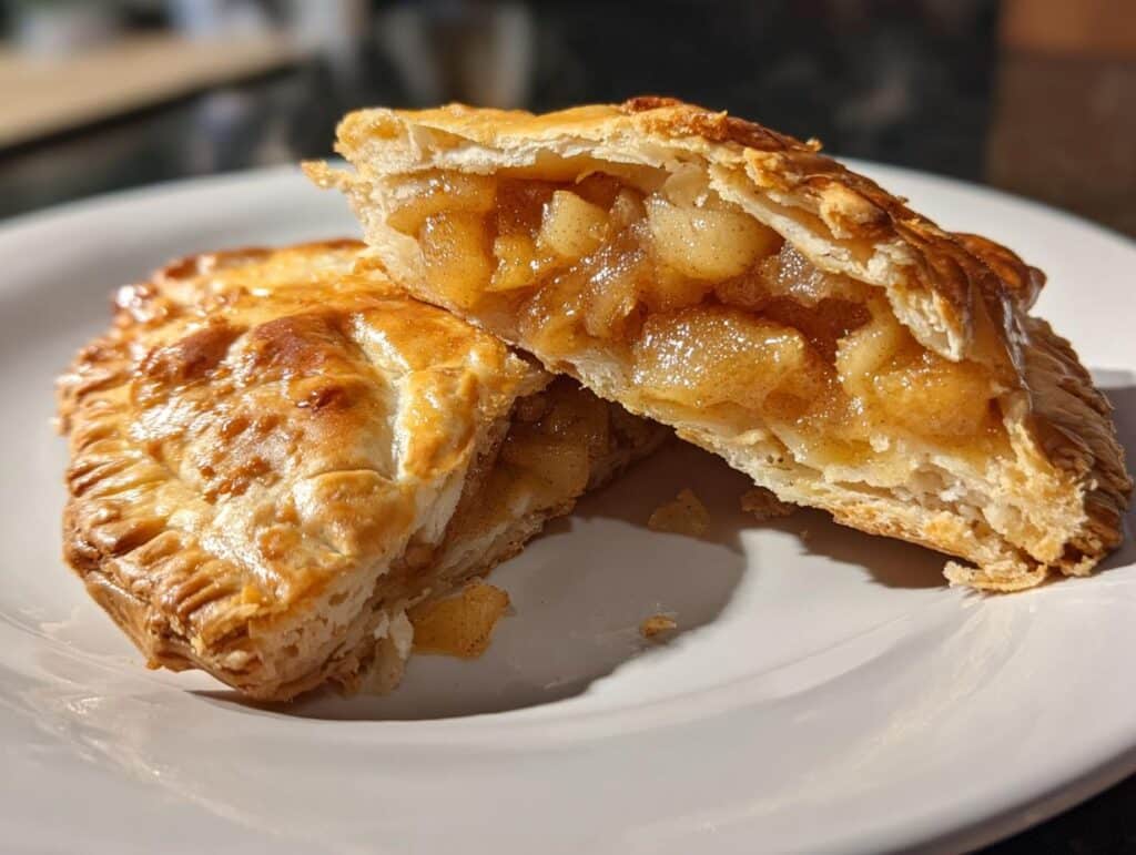Close-up of two halves of a golden-brown apple turnover, revealing a generous filling of spiced apples.