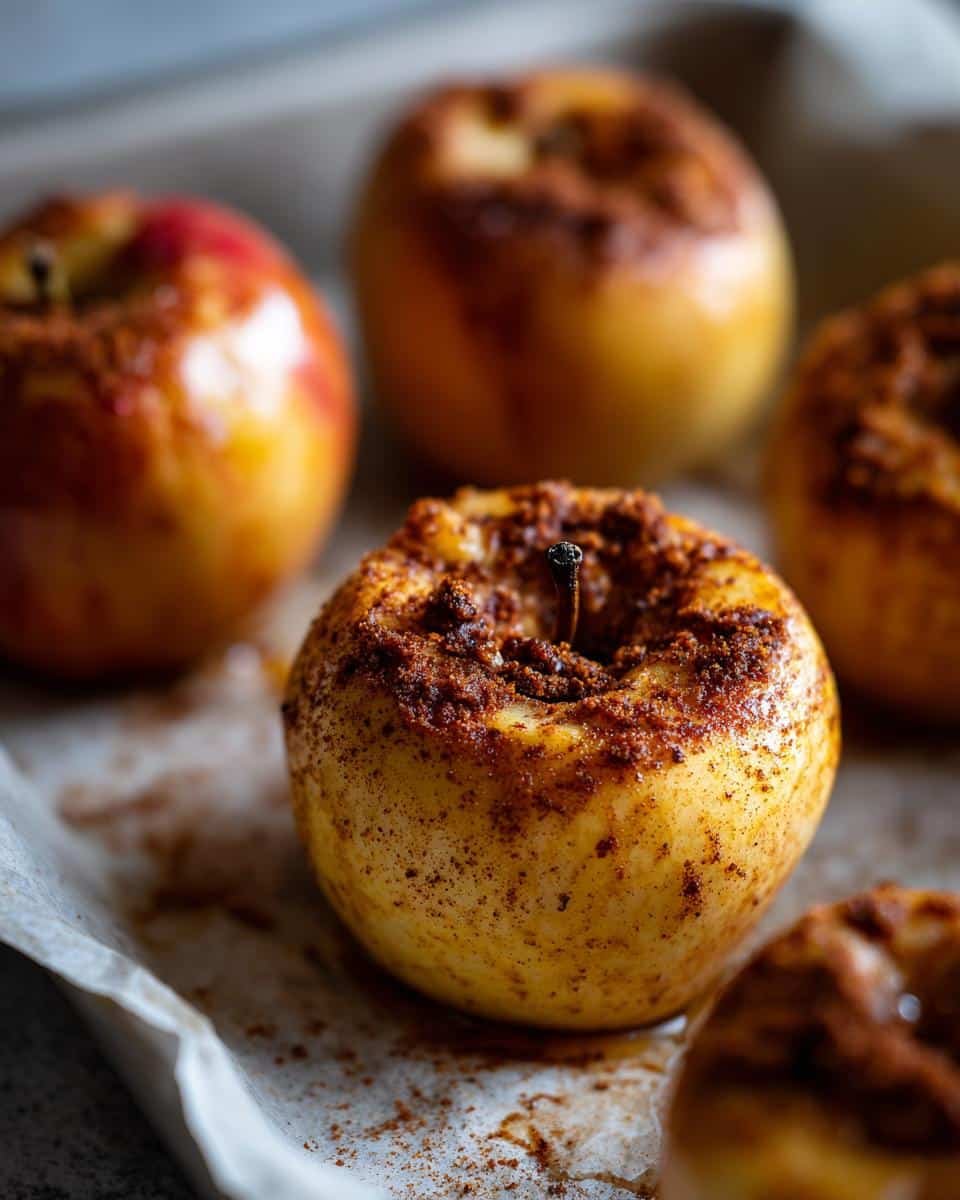 Amazing Baked Cinnamon Apples in 30 Minutes 7 Close-up of several baked cinnamon apples, dusted with cinnamon and sugar, on a parchment-lined baking sheet.