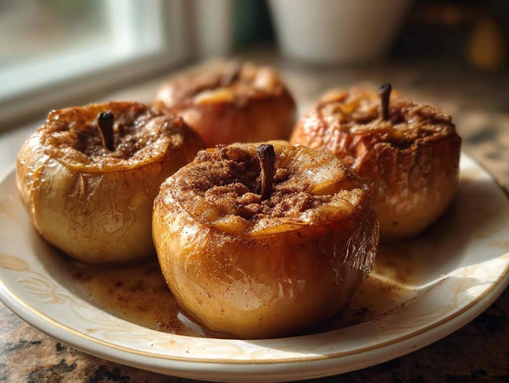 Close-up of four baked cinnamon apples on a plate, glistening with syrup and sprinkled with cinnamon.