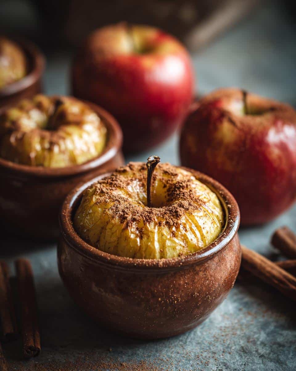 Amazing Baked Cinnamon Apples in 30 Minutes 8 Close-up of warm baked cinnamon apples in rustic ramekins, dusted with cinnamon, with whole apples and cinnamon sticks in the background.