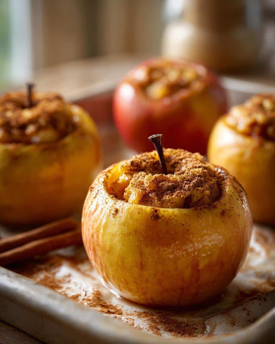 Amazing Baked Cinnamon Apples in 30 Minutes 6 Close-up of four baked cinnamon apples, dusted with cinnamon and sugar, on a baking tray.
