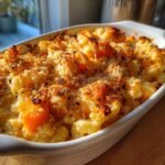 A close-up of a white baking dish filled with golden brown, baked Butternut Squash Mac and Cheese, topped with breadcrumbs.
