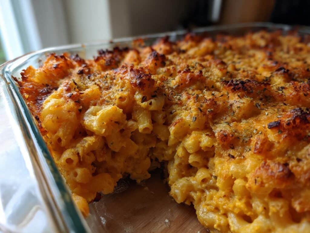 Close-up of baked Butternut Squash Mac and Cheese in a glass dish, with a golden-brown cheesy topping.