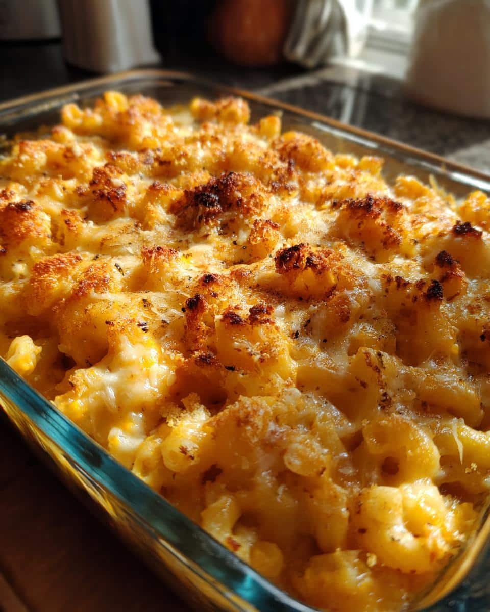 Close-up of a bubbly, golden-brown Butternut Squash Mac and Cheese baked in a glass dish.