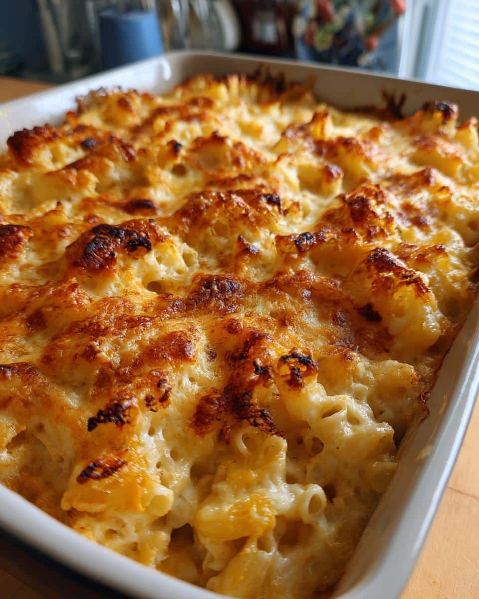 Close-up of baked Butternut Squash Mac and Cheese in a white baking dish, with a golden brown, bubbly cheese topping.