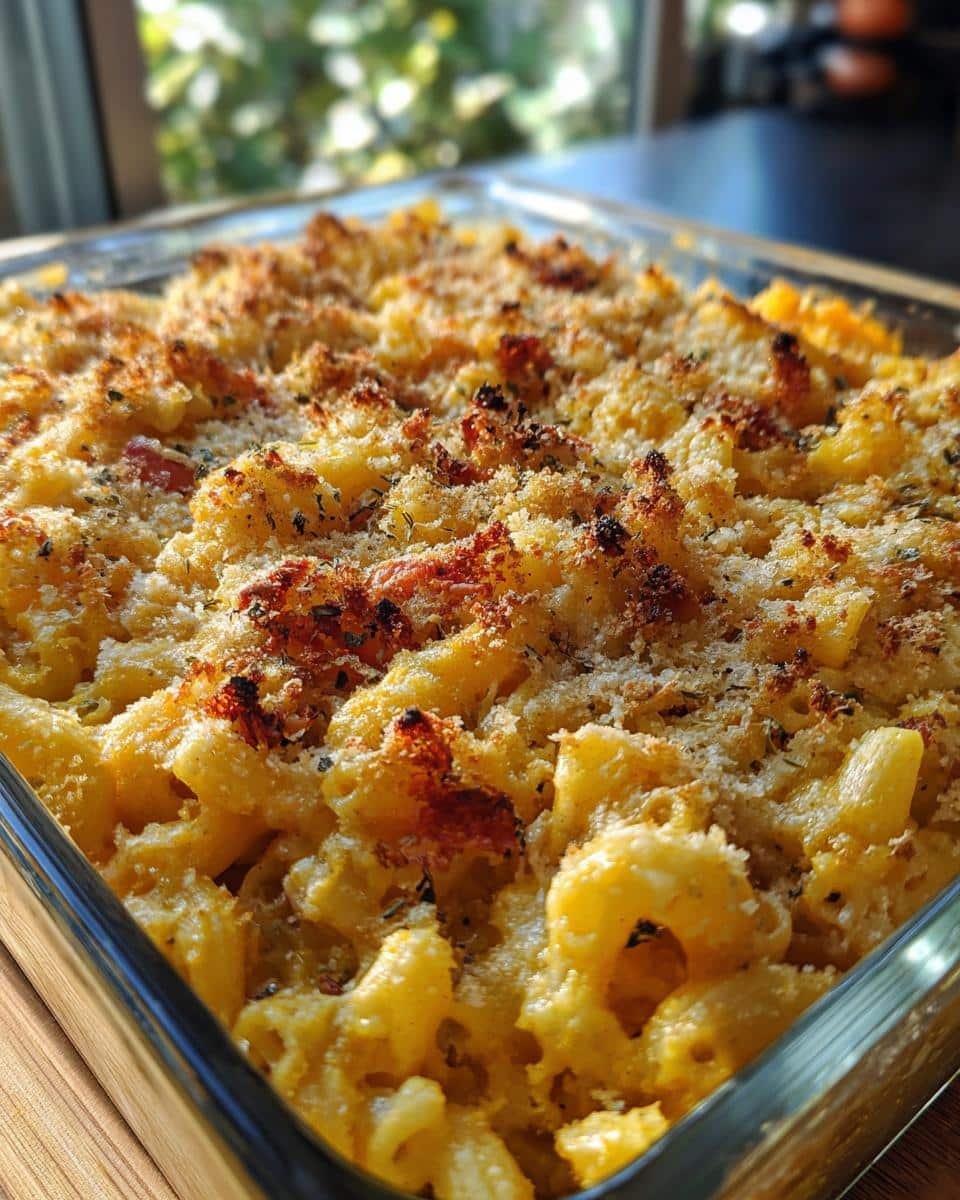 Close-up of a baked Butternut Squash Mac and Cheese casserole with a crispy breadcrumb topping.