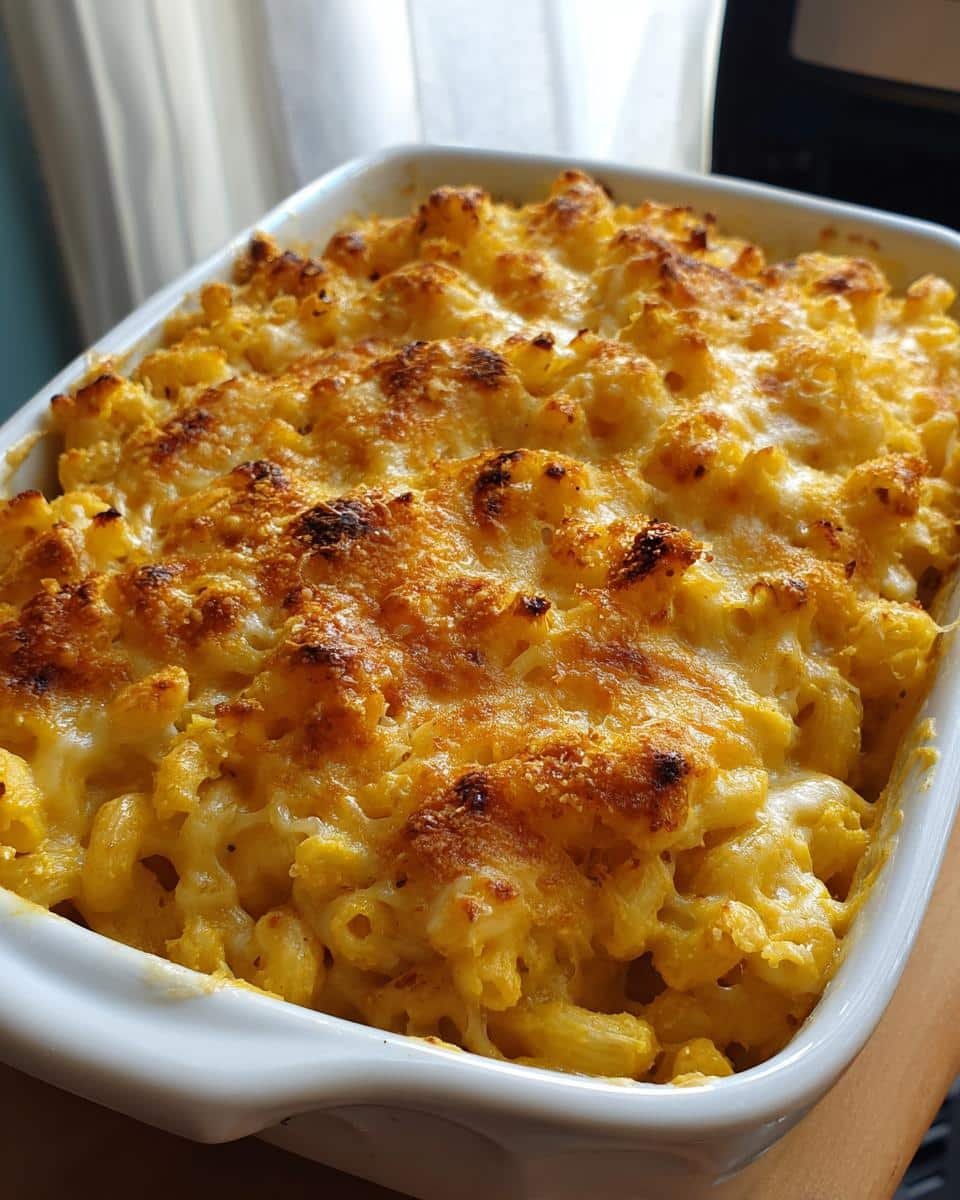 A close-up of a bubbling Butternut Squash Mac and Cheese casserole, with golden-brown baked cheese topping.