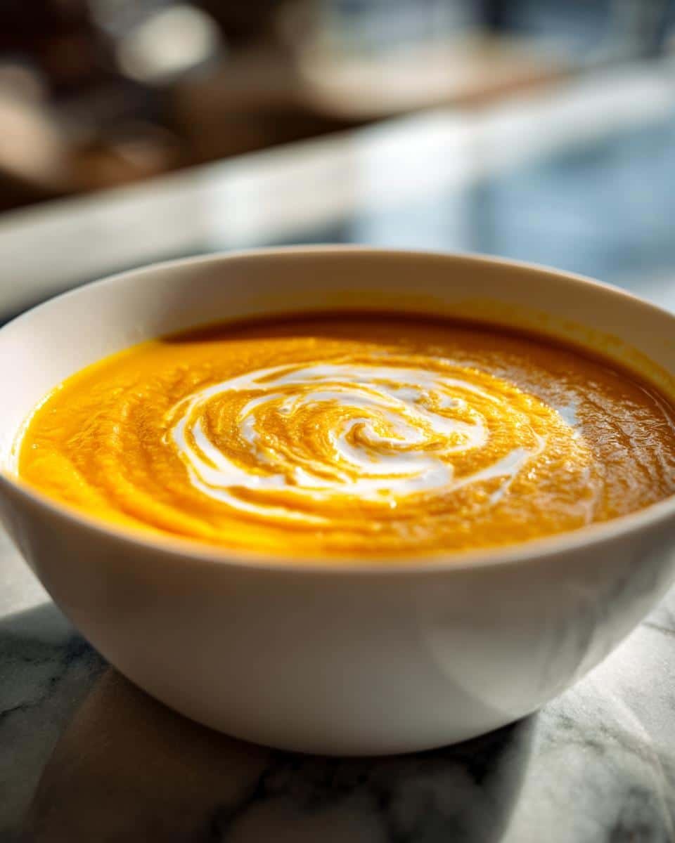 A white bowl filled with vibrant orange butternut squash soup, artfully swirled with cream.