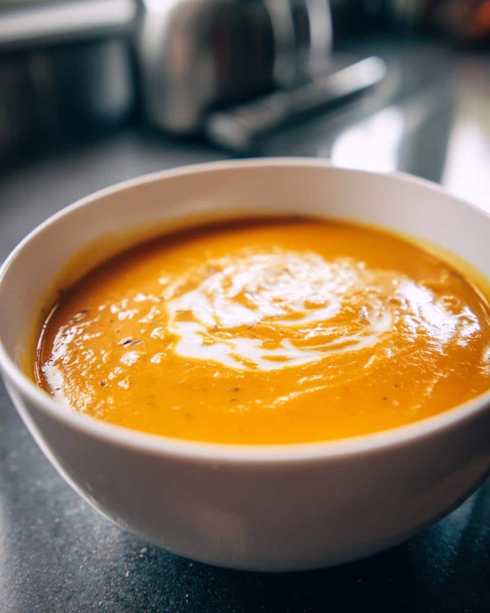 A close-up of a white bowl filled with vibrant orange butternut squash soup, artfully swirled with cream.