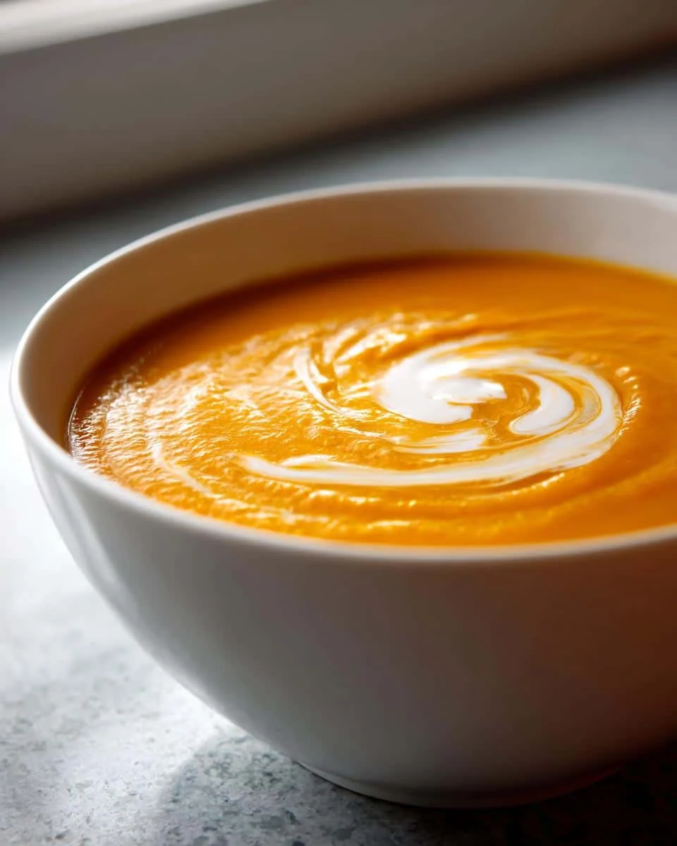 A bowl of vibrant orange butternut squash soup with a swirl of cream on top.
