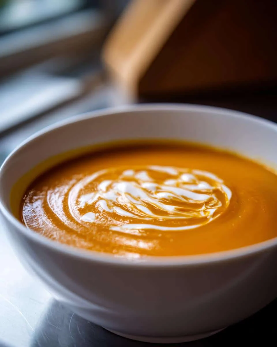 A close-up of a bowl of smooth butternut squash soup, swirled with cream.
