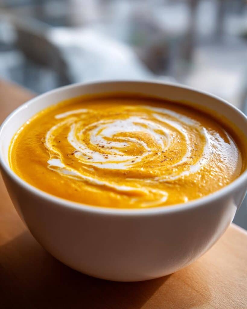 A close-up of a white bowl filled with creamy butternut squash soup, topped with a swirl of cream and a sprinkle of spices.