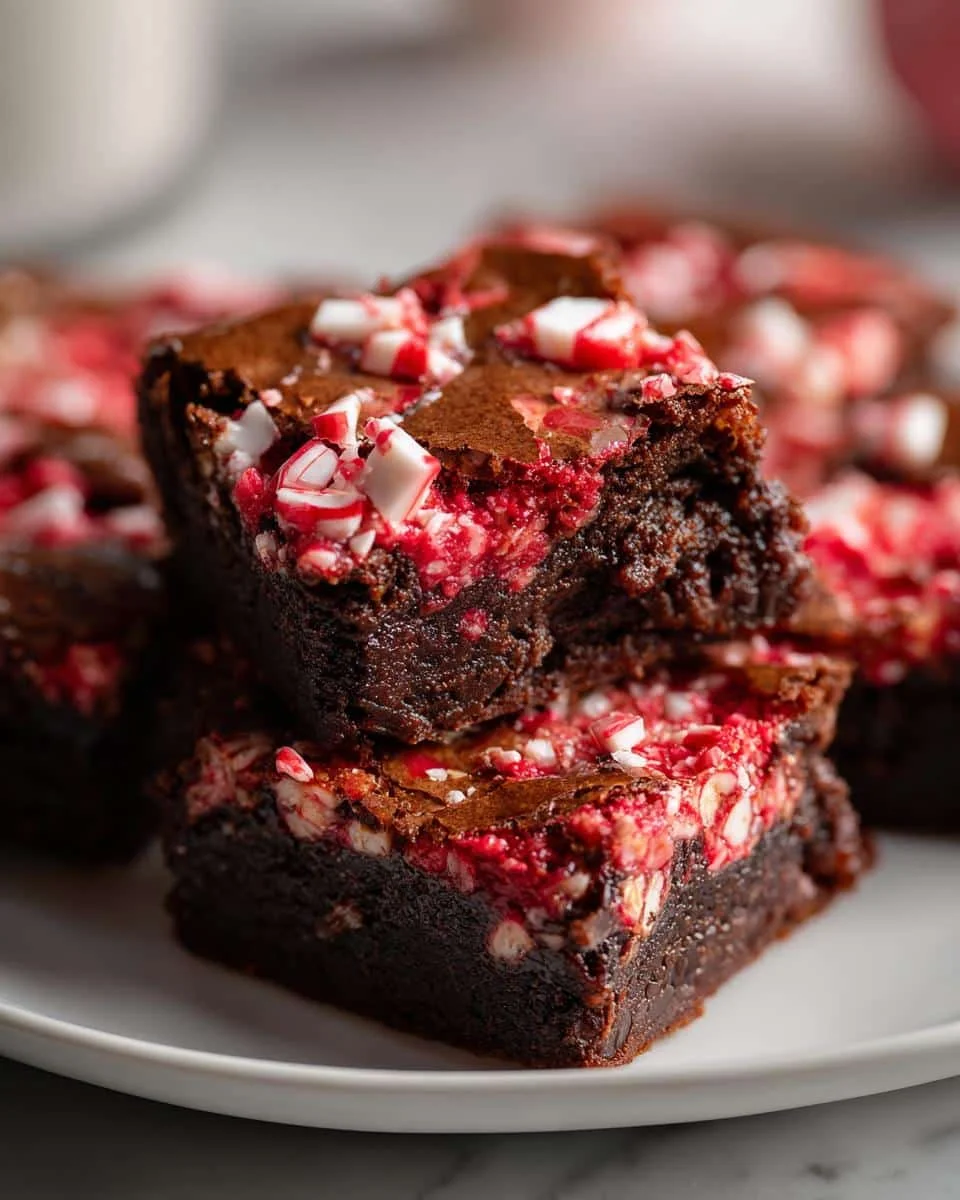 Close-up of rich chocolate Candy Cane Brownies topped with crushed candy canes and a hint of red swirl.